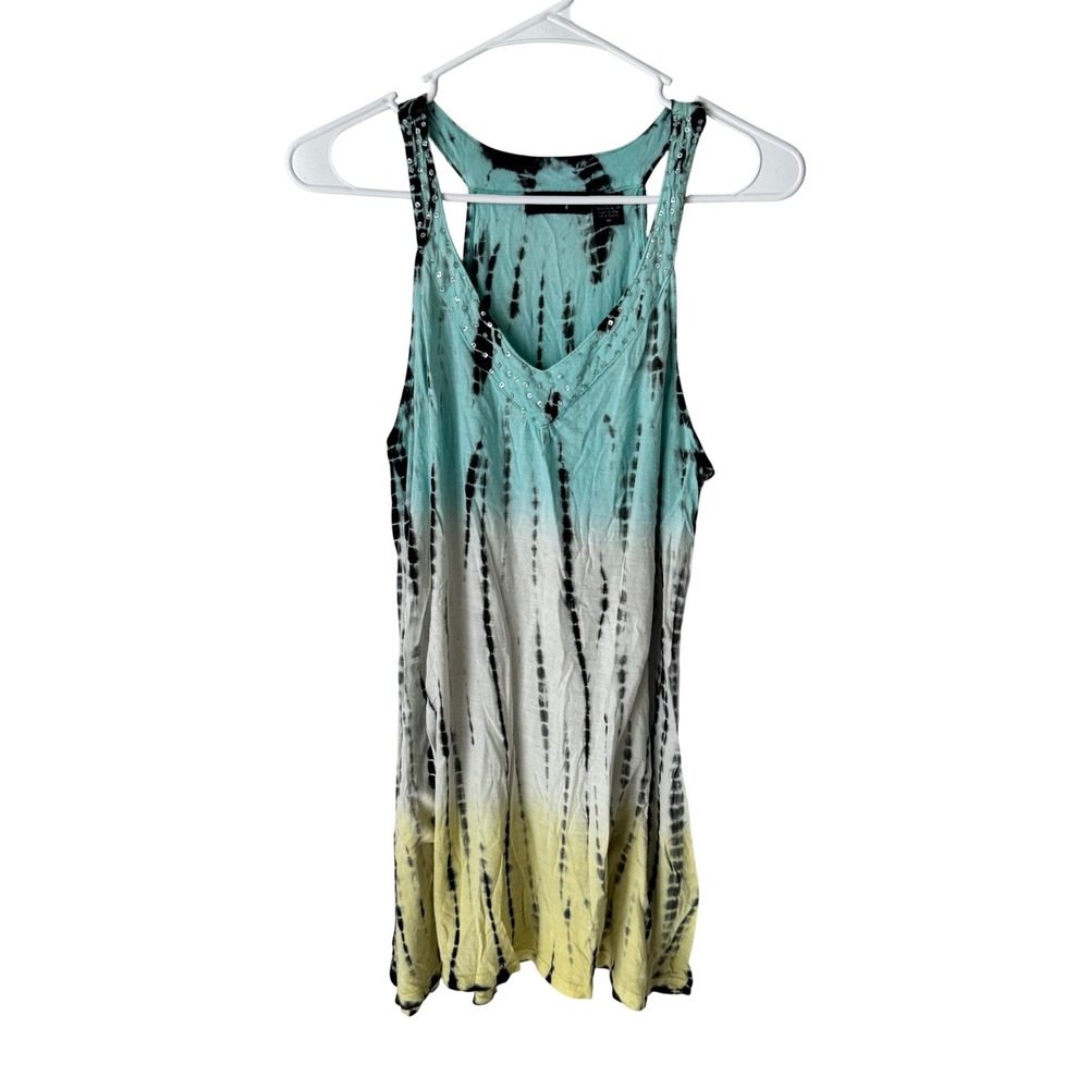 Raviya Womens Tie Dye Rhinestone V-Neck Racerback Tank Top Teal Yellow Size M